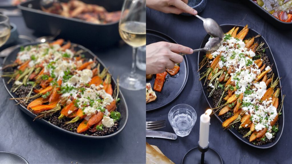 glasierte Karotten auf Belugalinsen